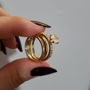 Anel Duplo de Encaixe Solitário com Zircônias mais Fileiras Lisas