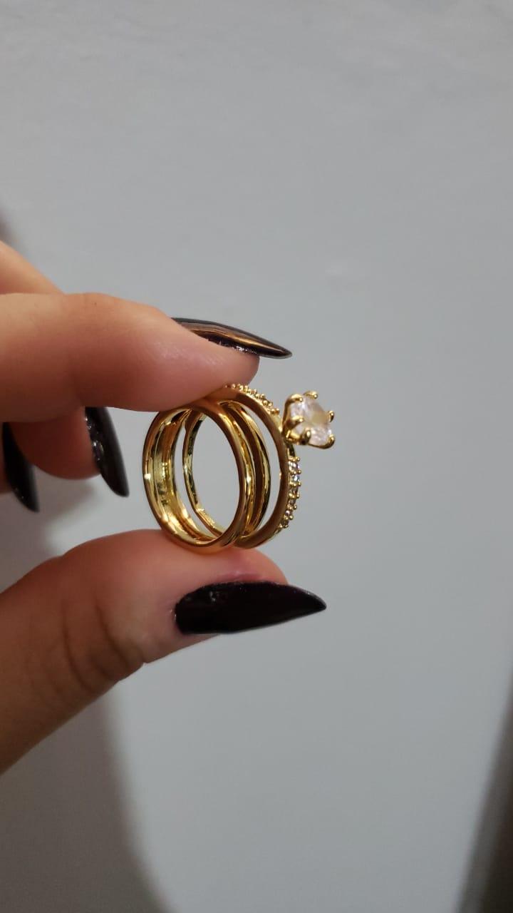 Anel Duplo de Encaixe Solitário com Zircônias mais Fileiras Lisas