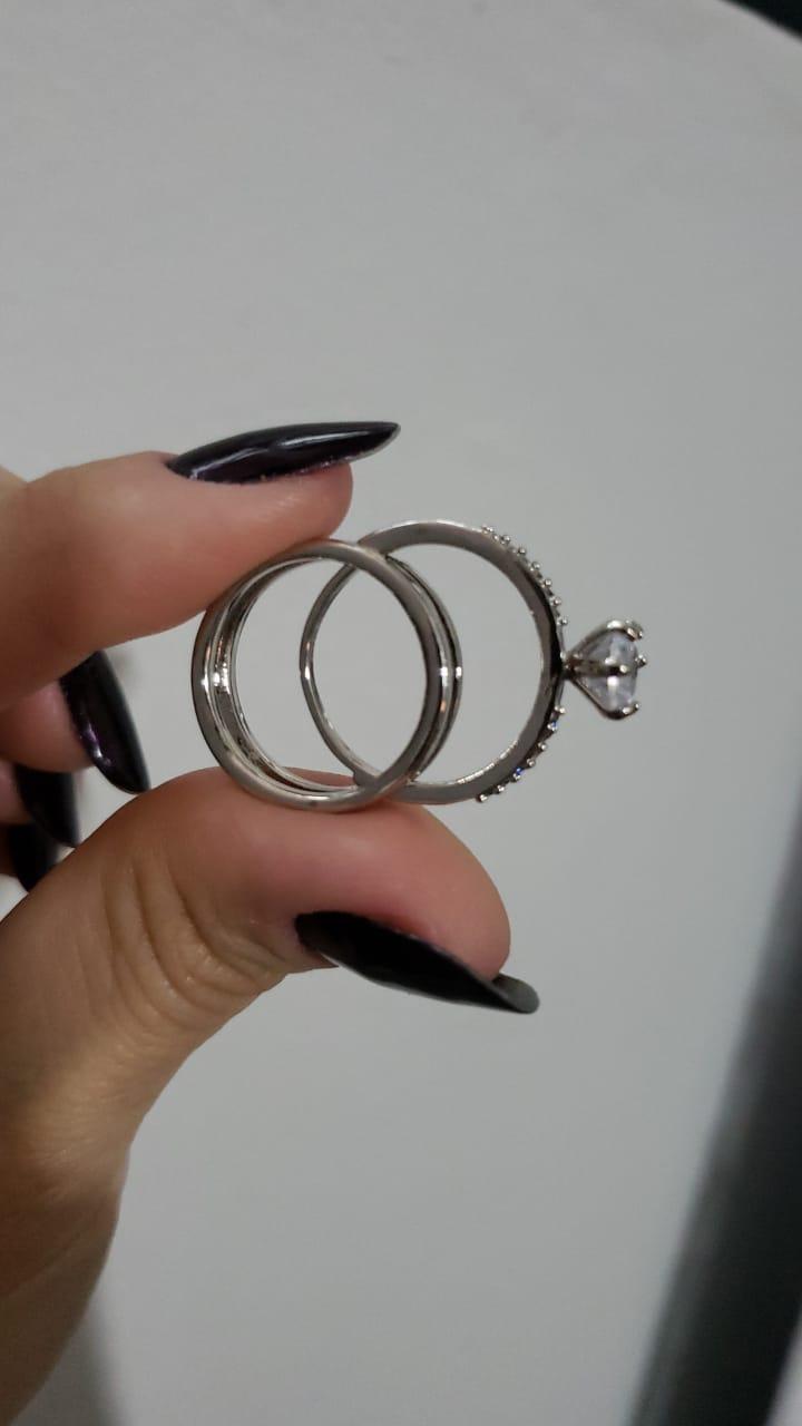 Anel Duplo de Encaixe Solitário com Zircônias mais Fileiras Lisas