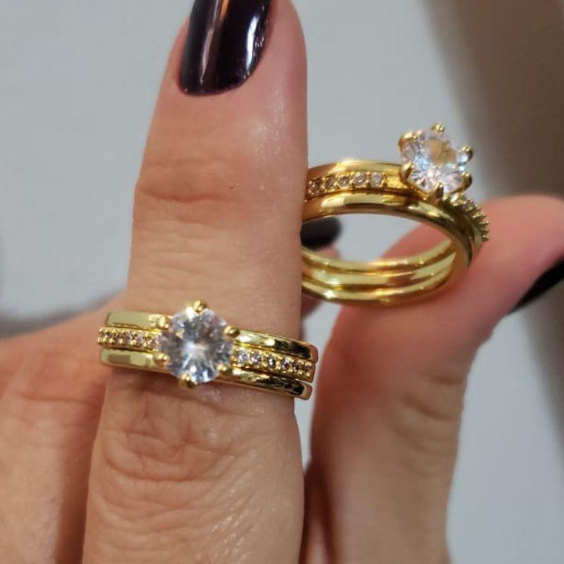 Anel Duplo de Encaixe Solitário com Zircônias mais Fileiras Lisas