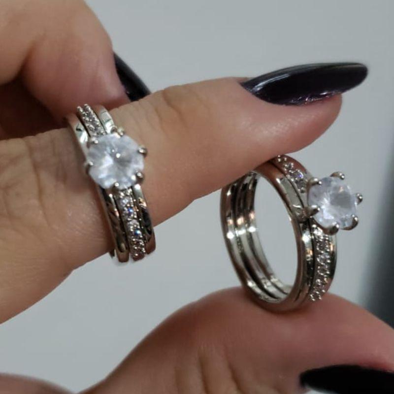 Anel Duplo de Encaixe Solitário com Zircônias mais Fileiras Lisas