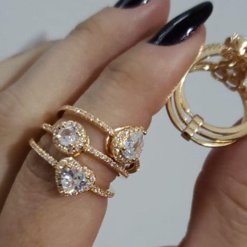 Anel Triplo Entrelaçado Cristais Oval, Gota e Coração com Zircônias