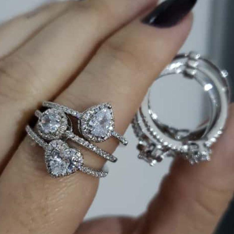 Anel Triplo Entrelaçado Cristais Oval, Gota e Coração com Zircônias