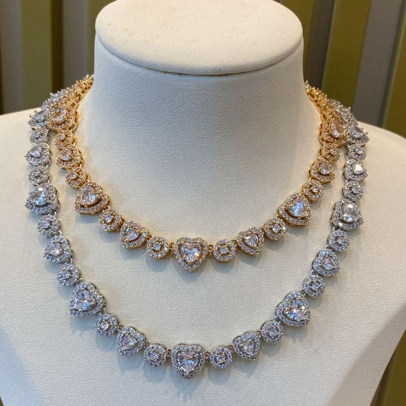 Colar Riviera Cristais em Corações Intercalados e Cravejados