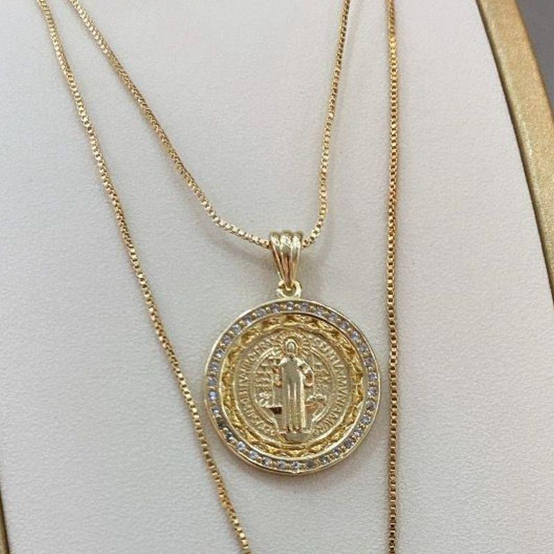 Colar Veneziana Pingente Medalha São Bento Volta Cravejada