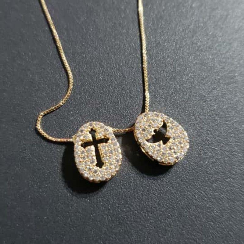 Colar Veneziana Pingentes Cruz e Espírito Santo Cravejados