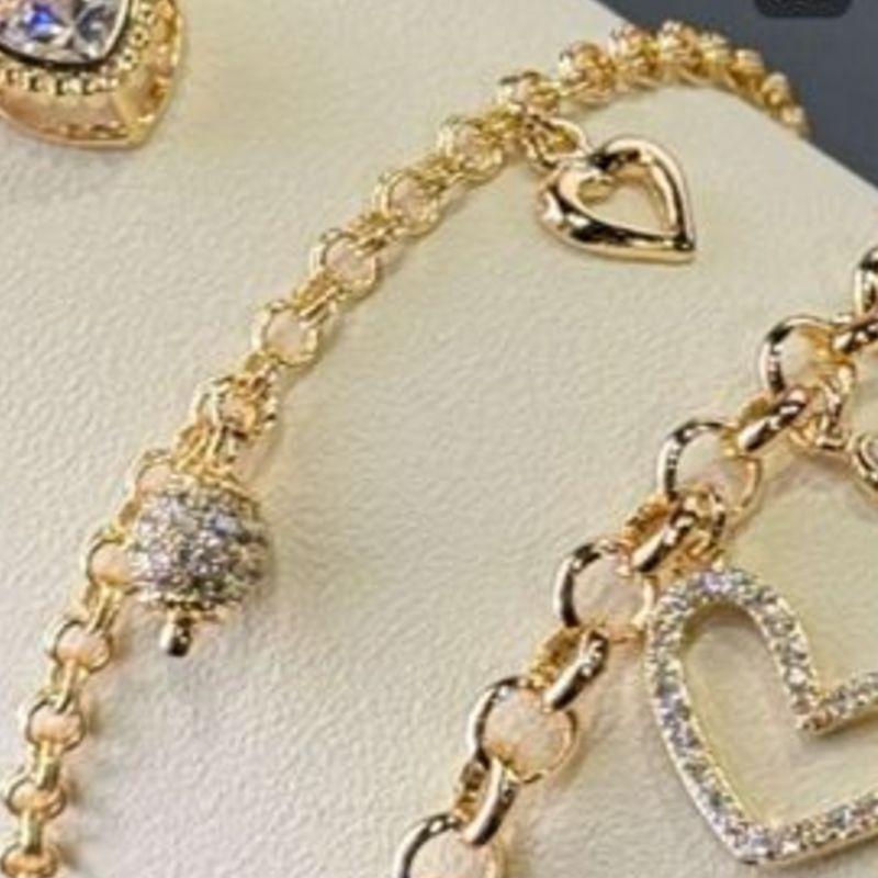 Pulseira Duplo Elo Português Coração Vazado e Esfera Zircônias