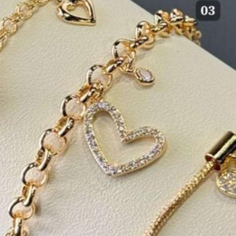 Pulseira Elo Português Coração Vazado com Zircônias e Ponto de Luz