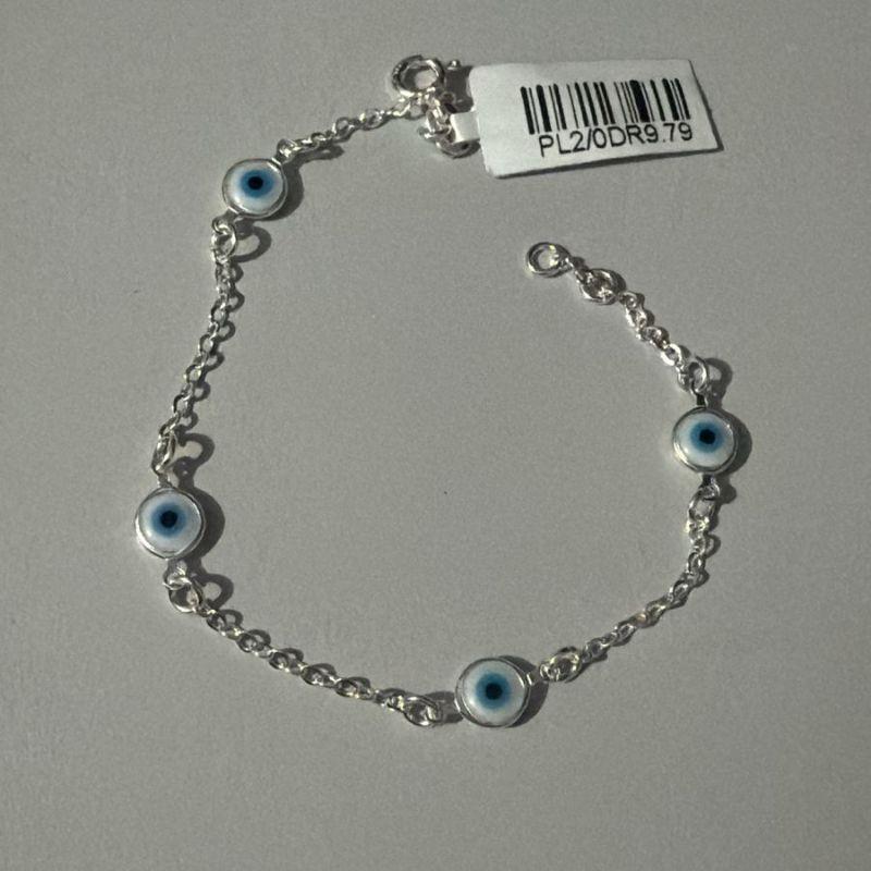 Pulseira Elos Quatro Olhos Gregos Brancos e Azuis Fecho Bóia