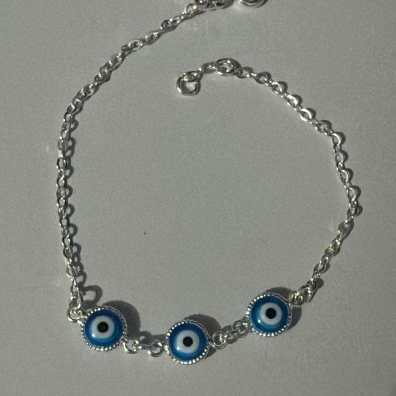 Pulseira Elos Três Olhos Gregos Azuis e Brancos Fecho Bóia
