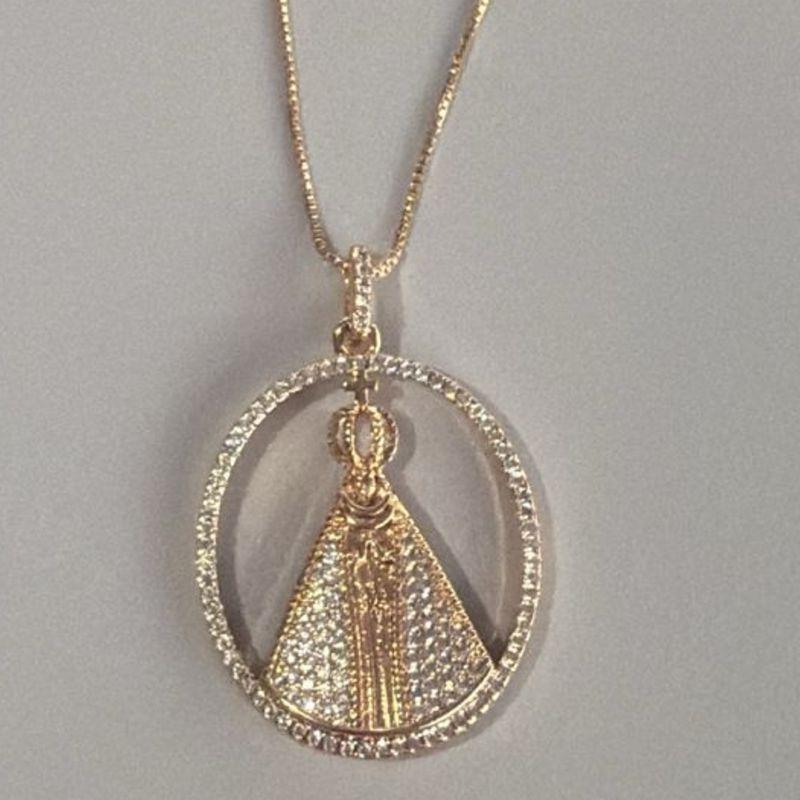 Colar Veneziana 45cm c/ extensor Pingente Nossa Sra Apda Cravejada